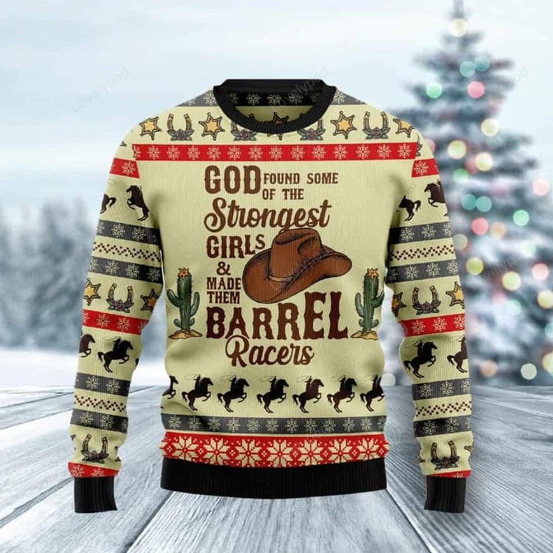 FUNSTUFFPRINT God Found Some Of The Strongest Girls & Made Them Barrel Racers Christmas Sweater Ugly Sweater