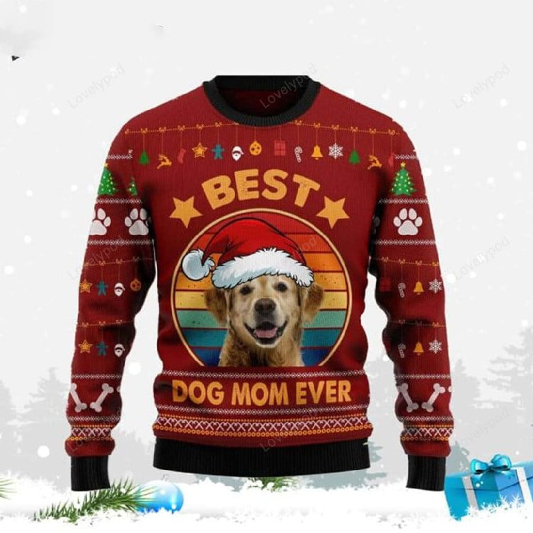 FUNSTUFFPRINT Golden Retriever Best Dog Mom Ever Ugly Christmas Sweater, Dog Christmas shirt, Gift for Dog lover Ugly Sweater