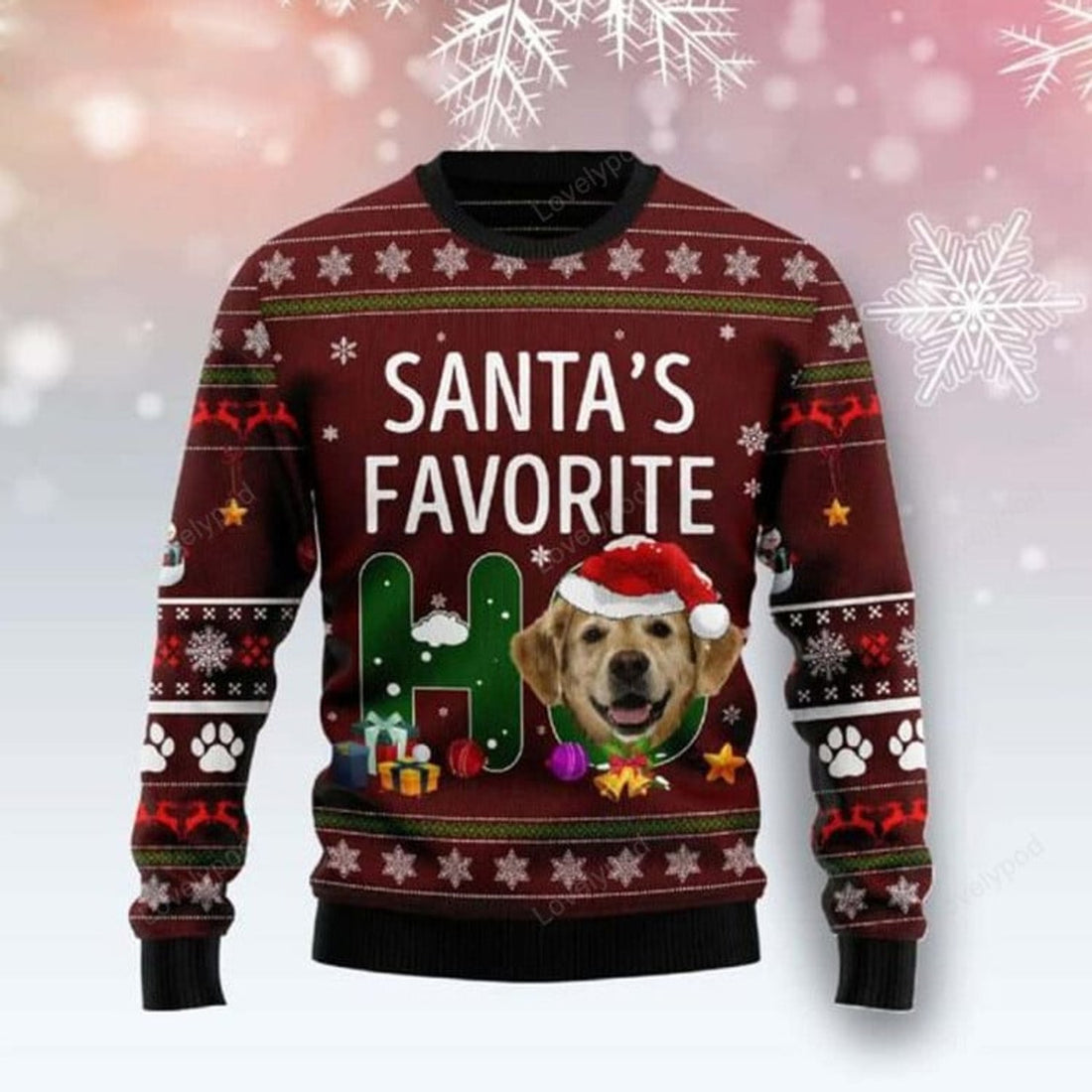 FUNSTUFFPRINT Golden Retriever Santa's Favorite Ho Ugly Christmas Sweater for men and women , Christmas shirts Ugly Sweater