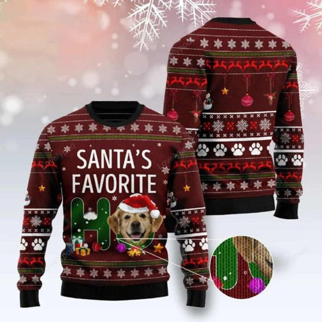 FUNSTUFFPRINT Golden Retriever Santa's Favorite Ho Ugly Christmas Sweater for men and women , Christmas shirts Ugly Sweater