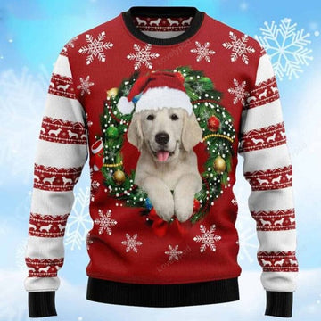 FUNSTUFFPRINT Golden Retriever Wearing Santa Hat Ugly Christmas Sweater for men and women , Custom Dog Christmas shirts Ugly Sweater