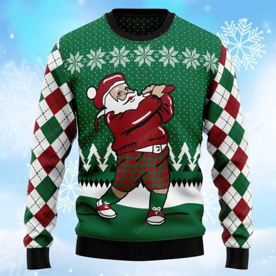 FUNSTUFFPRINT Golfer Santa Claus Ugly Christmas Sweater for men and women , Custom Christmas shirts Ugly Sweater