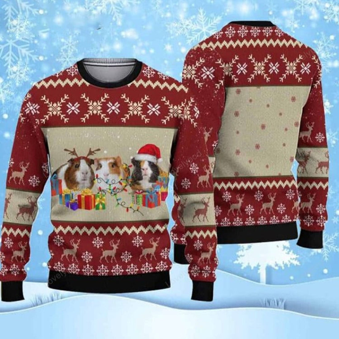FUNSTUFFPRINT Guinea Pig Gift Box Ugly Christmas Sweater for men and women, Custom Christmas shirts Ugly Sweater