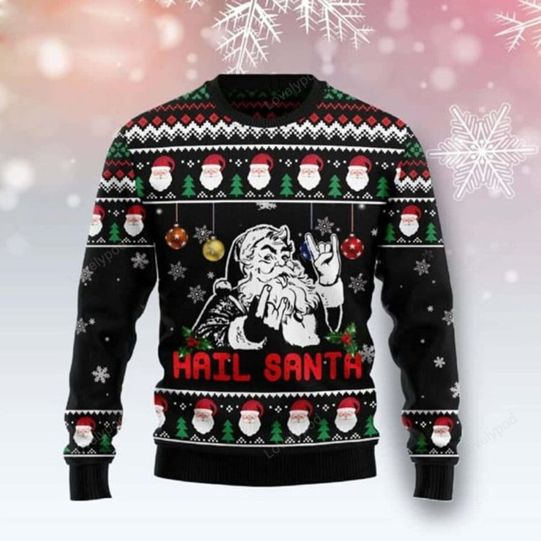 FUNSTUFFPRINT Hail Santa Black Ugly Christmas Sweater for men and women, Custom Christmas shirts Ugly Sweater