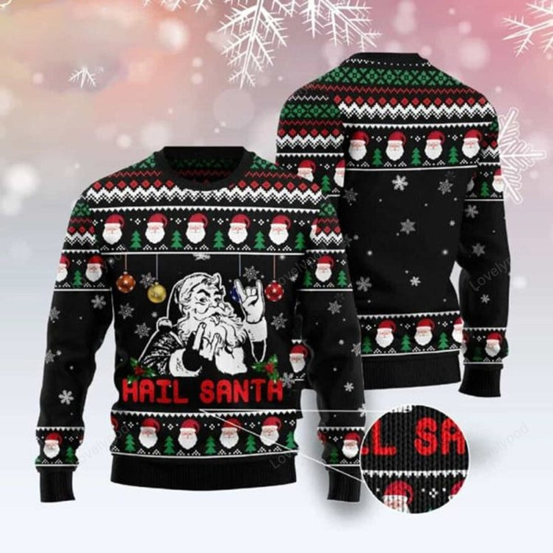 FUNSTUFFPRINT Hail Santa Black Ugly Christmas Sweater for men and women, Custom Christmas shirts Ugly Sweater