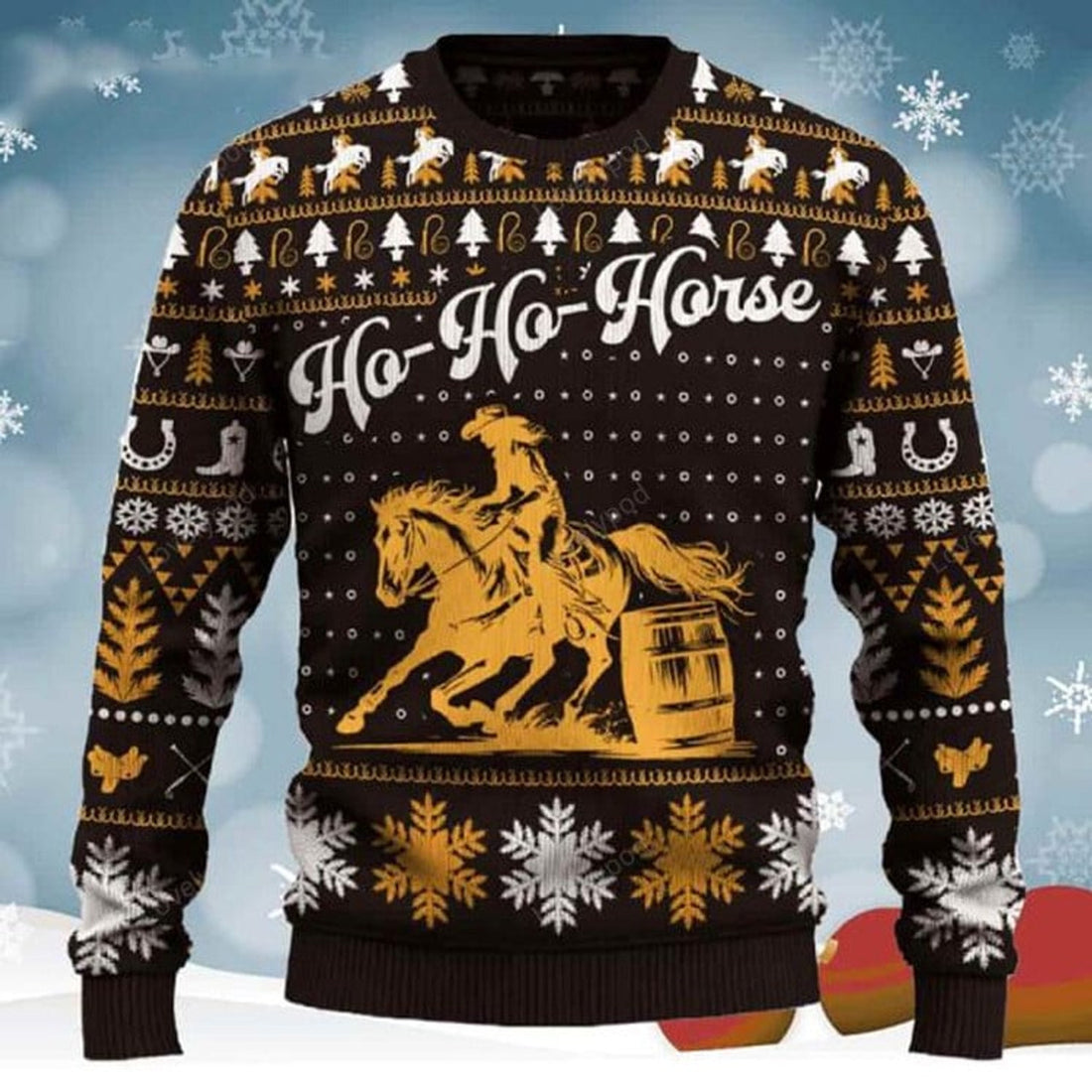 FUNSTUFFPRINT Ho-Ho-Horse Barrel Racing Cowgirl Ugly Christmas Sweater for men and women, Cowboy, Cowgirl Christmas shirts Ugly Sweater