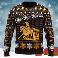 FUNSTUFFPRINT Ho-Ho-Horse Barrel Racing Cowgirl Ugly Christmas Sweater for men and women, Cowboy, Cowgirl Christmas shirts Ugly Sweater