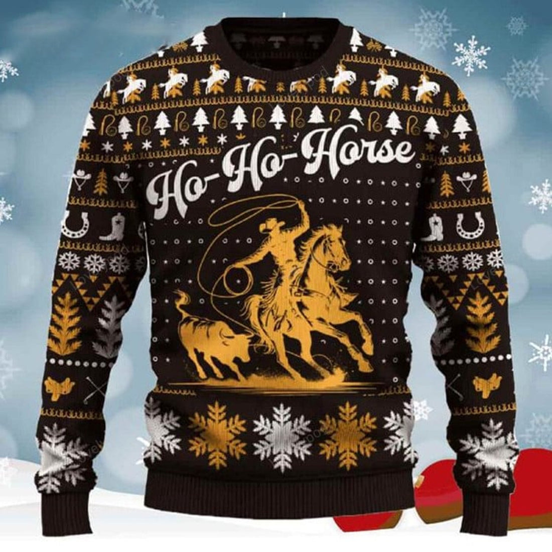 FUNSTUFFPRINT Ho-Ho-Horse Chute Dogging Ugly Christmas Sweater for men and women, Cowboy, Cowgirl Christmas shirts Ugly Sweater