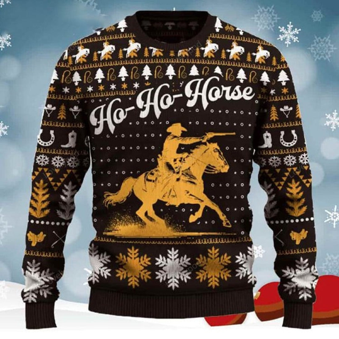 FUNSTUFFPRINT Ho-Ho-Horse Mounted Shooting Christmas Ugly Sweater for men and women, Cowboy, Cowgirl Christmas shirts Ugly Sweater