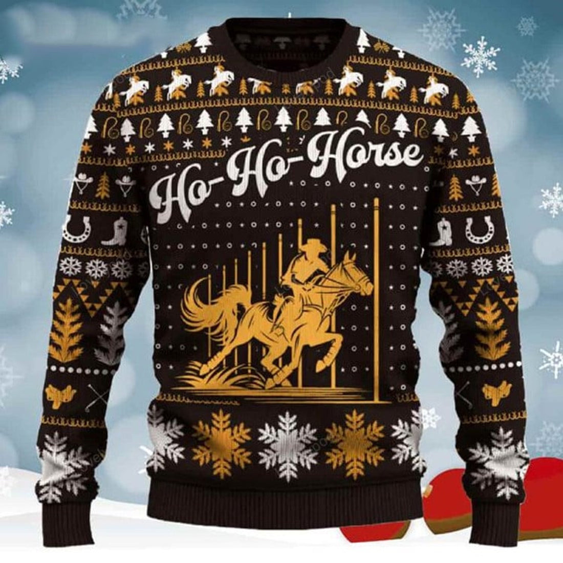 FUNSTUFFPRINT Ho-Ho-Horse Pole Bending Christmas Ugly Sweater for men and women, Cowboy, Cowgirl Christmas shirts Ugly Sweater