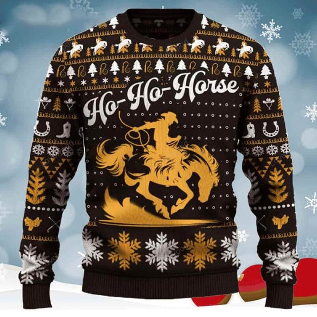 FUNSTUFFPRINT Ho-Ho-Horse Saddle Bronc Riding Christmas Ugly Sweater for men and women, Cowboy, Cowgirl Christmas shirts Ugly Sweater