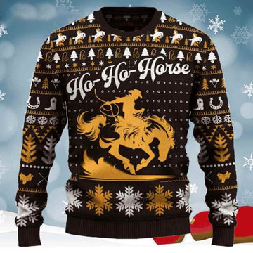 FUNSTUFFPRINT Ho-Ho-Horse Saddle Bronc Riding Christmas Ugly Sweater for men and women, Cowboy, Cowgirl Christmas shirts Ugly Sweater