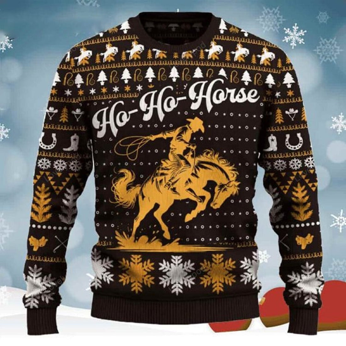 FUNSTUFFPRINT Ho-Ho-Horse Saddle Bronc Riding Rodeo Christmas Ugly Sweater for men and women, Cowboy, Cowgirl Christmas shirts Ugly Sweater