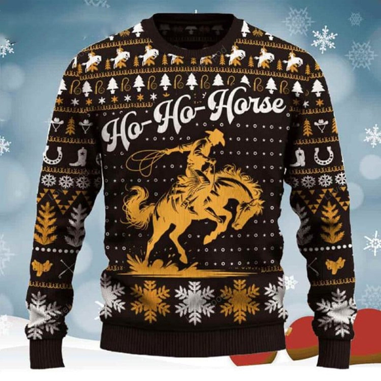 FUNSTUFFPRINT Ho-Ho-Horse Saddle Bronc Riding Rodeo Christmas Ugly Sweater for men and women, Cowboy, Cowgirl Christmas shirts Ugly Sweater