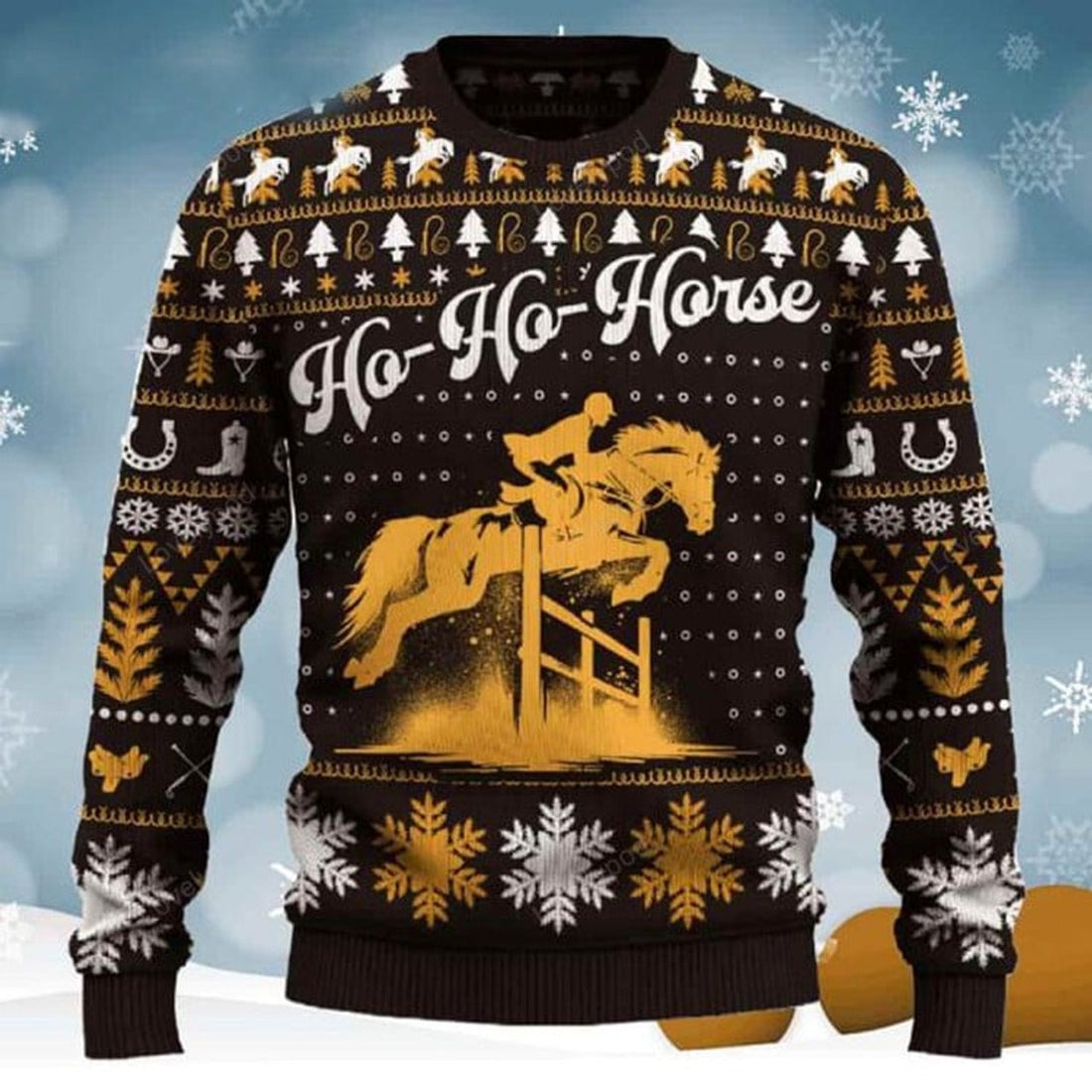 FUNSTUFFPRINT Ho-Ho-Horse Show Jumping Christmas Ugly Sweater for men and women, Cowboy, Cowgirl Christmas shirts Ugly Sweater