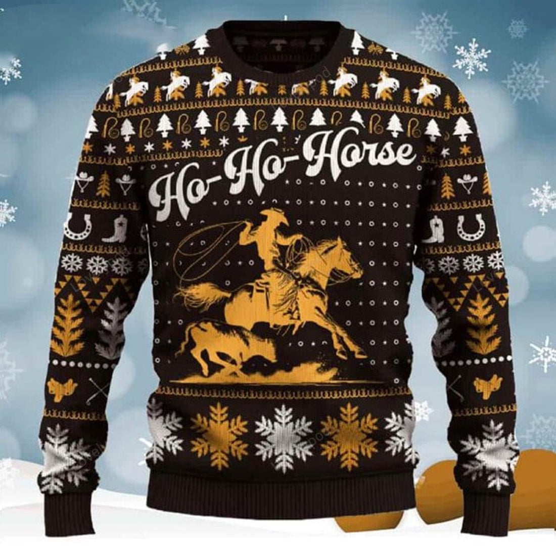 FUNSTUFFPRINT Ho-Ho-Horse Team Roping Single Christmas Ugly Sweater for men and women, Cowboy, Cowgirl Christmas shirts Ugly Sweater