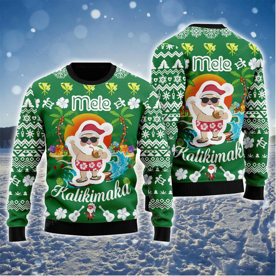 FUNSTUFFPRINT Santa Clause Christmas Ugly Sweater, Mele Kalikimaka Ugly Sweater, Funny Santa Green Sweater Ugly Sweater