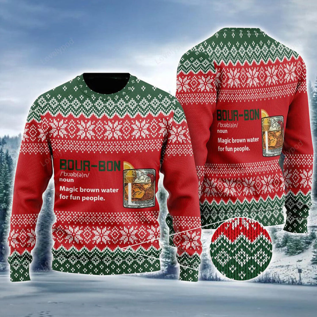 FUNSTUFFPRINT Bourbon Ugly Sweater, Christmas Pattern Ugly Sweater, Magic Water Ugly Sweater For Men & Women Ugly Sweater
