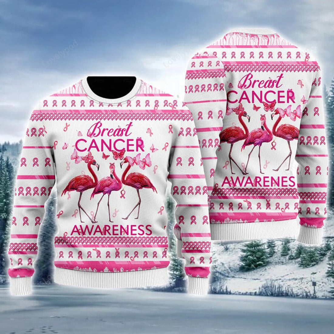 FUNSTUFFPRINT Flamingo Ugly Sweater, Flamingo Breast Cancer Awareness Ugly Sweater For Men & Women, Gift For Christmas Ugly Sweater