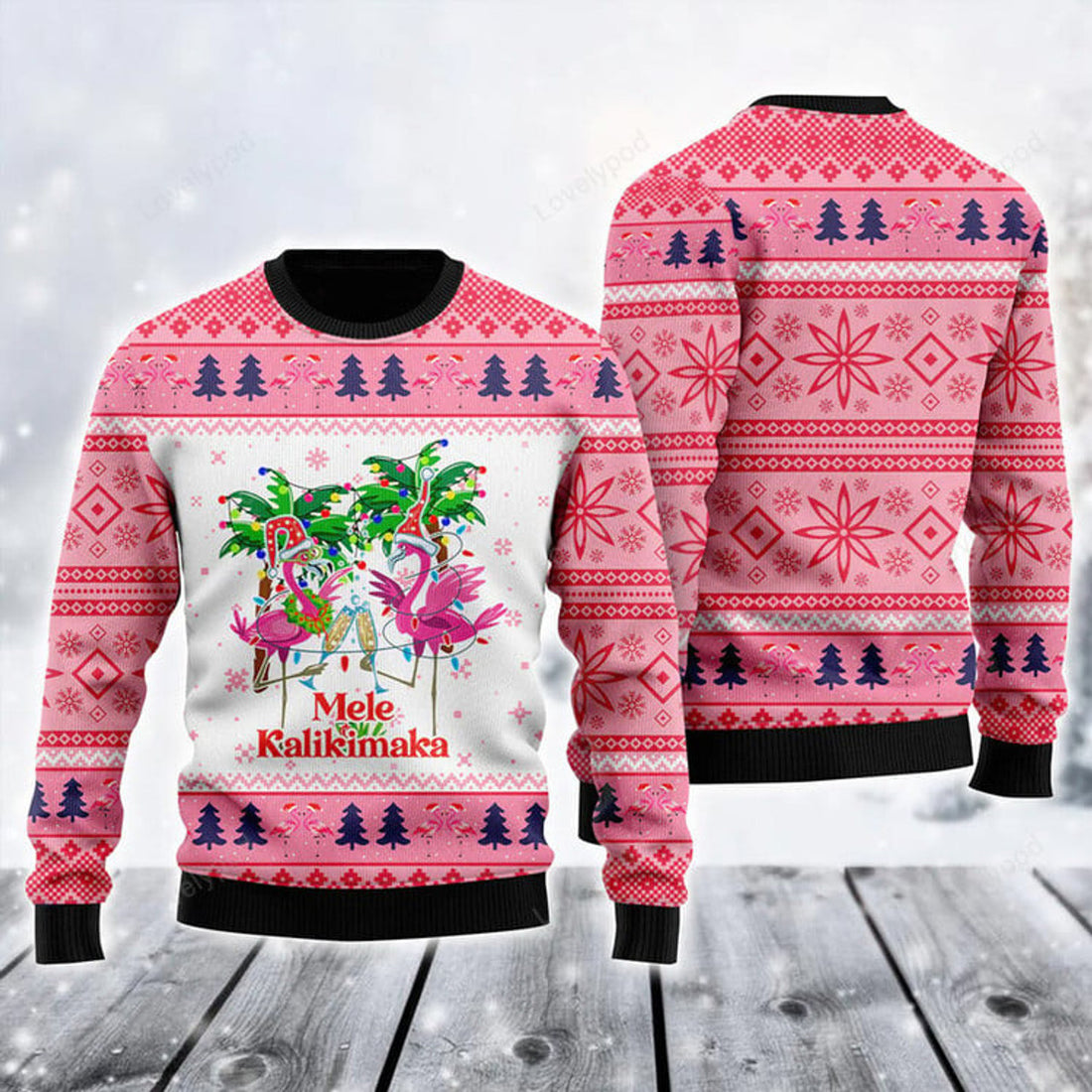 FUNSTUFFPRINT Flamingo Ugly Sweater, Mele Kalikimaka Funny Ugly Sweater, Funny Flamingo Pink Sweater For Men & Women Ugly Sweater