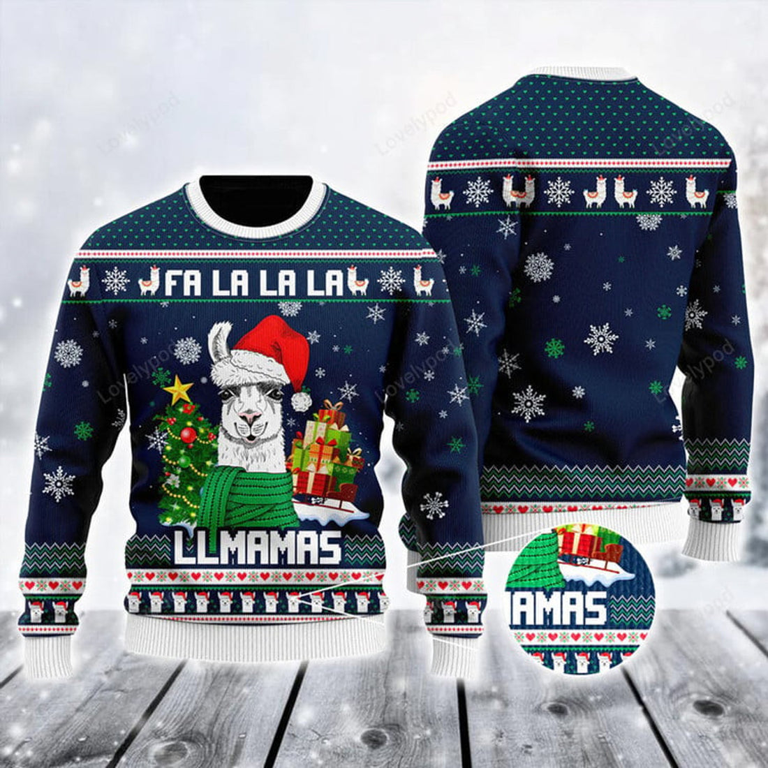 FUNSTUFFPRINT Christmas Alpaca Ugly Sweater, Falalala Llmamas Ugly Sweater, Funny Alpaca Pattern Blue Sweater For Men & Women Ugly Sweater