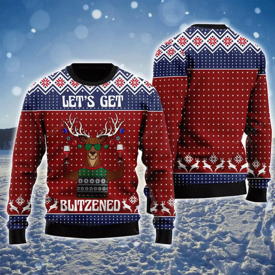FUNSTUFFPRINT Reindeer Ugly Sweater, Lets Get Blitzened Ugly Sweater, Funny Reindeer Pattern Brown Sweater For Men & Women Ugly Sweater