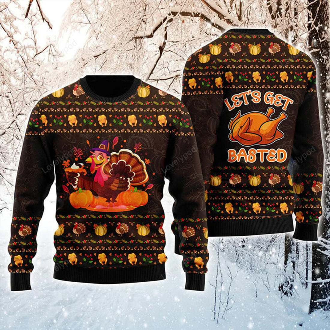 FUNSTUFFPRINT Thanksgiving Ugly Sweater, Lets Get Basted Turkey Ugly Sweater, Funny Chicken Pattern Brown Sweater Ugly Sweater