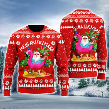 FUNSTUFFPRINT Hawaiian Santa Ugly Sweater, Mele Kalikimaka Ugly Sweater, Funny Hawaiian Santa Claus Red Ugly Sweater For Men Ugly Sweater