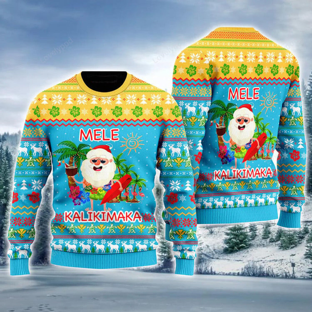 FUNSTUFFPRINT Hawaiian Santa Ugly Sweater, Mele Kalikimaka Ugly Sweater, Funny Hawaiian Santa Claus Blue Ugly Sweater Ugly Sweater