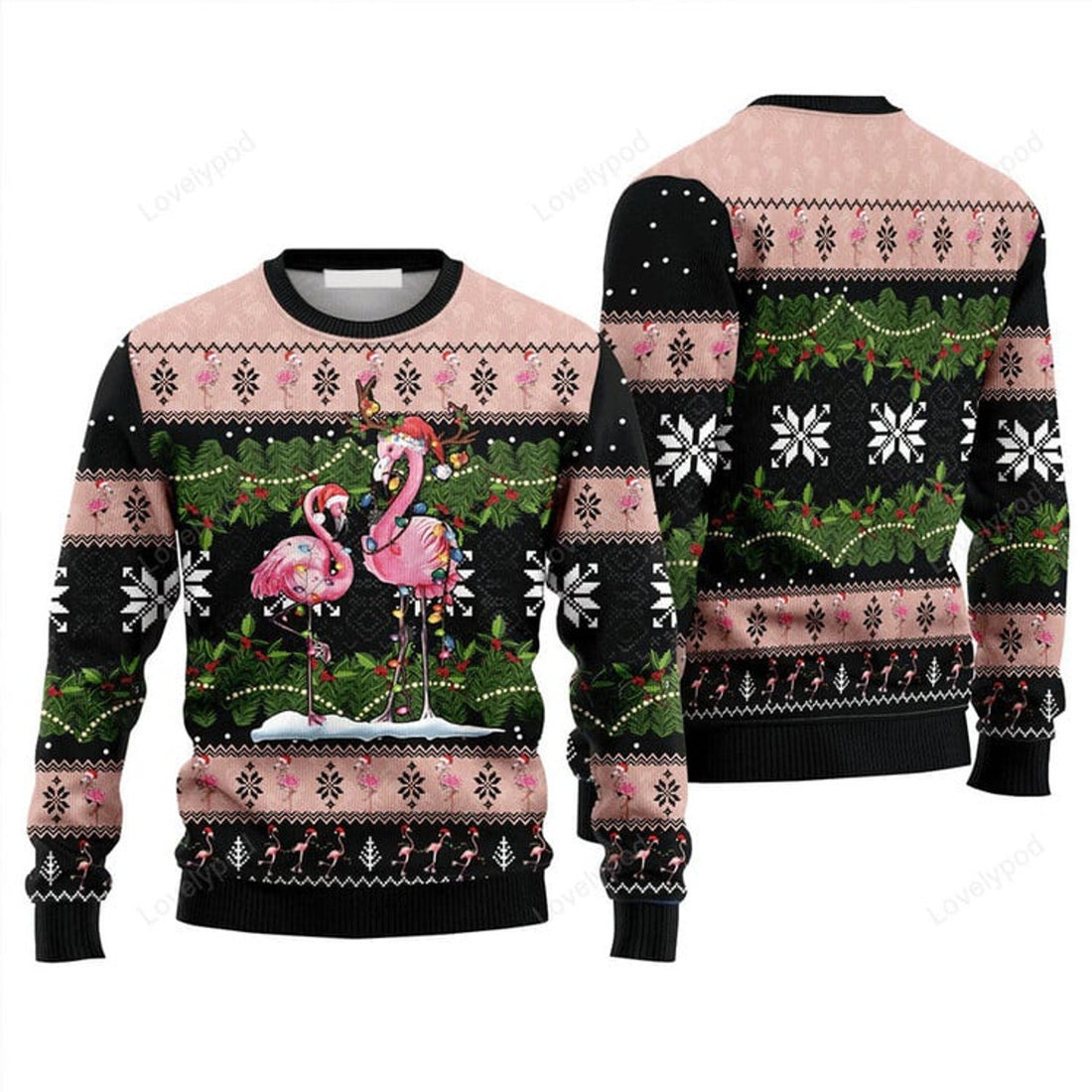FUNSTUFFPRINT Flamingo Christmas Pattern Sweater, Ugly Sweater For Men & Women, Perfect Outfit For Christmas New Year Autumn Winter Ugly Sweater