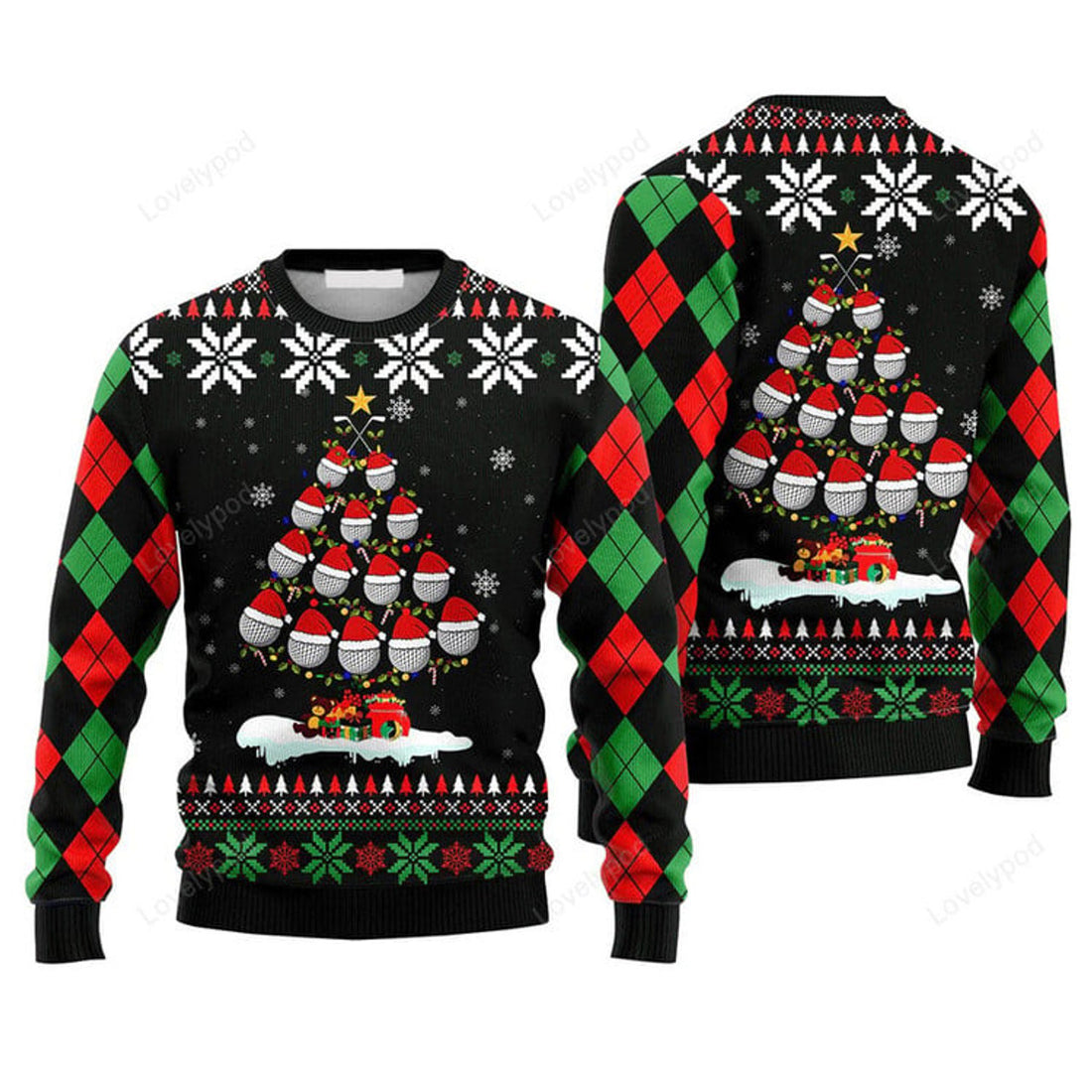 FUNSTUFFPRINT Golf Christmas Tree Snow Sweater, Ugly Sweater For Men & Women, Perfect Outfit For Christmas New Year Autumn Winter Ugly Sweater