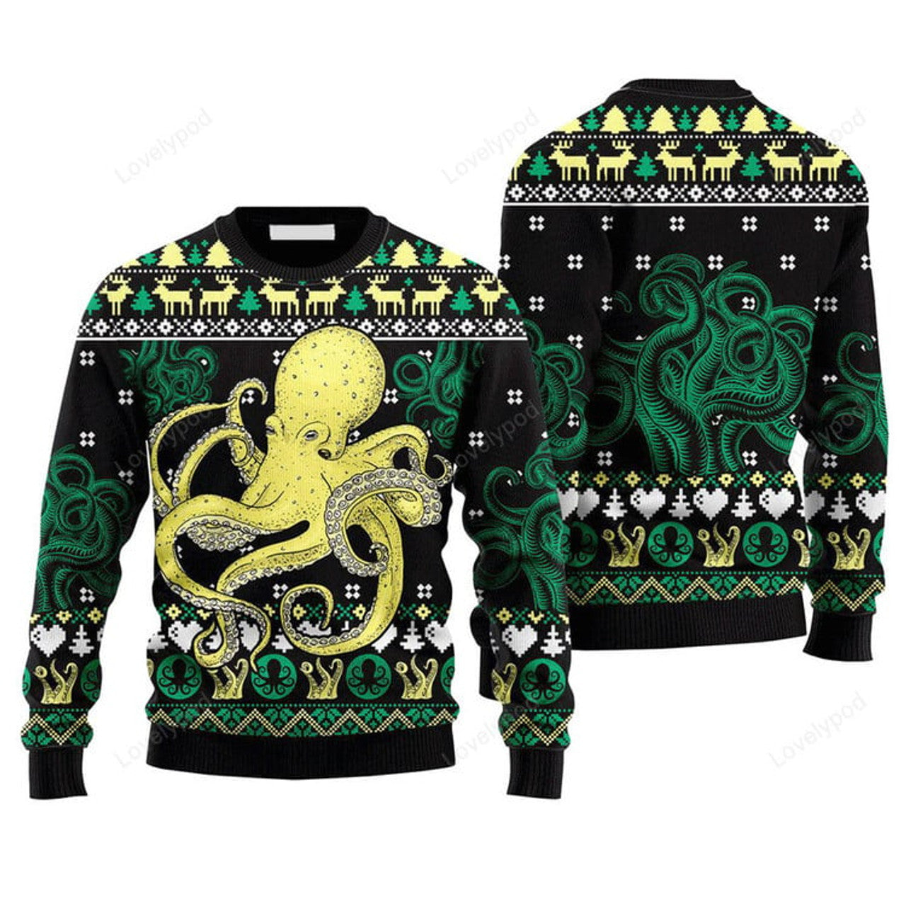 FUNSTUFFPRINT Green Octopus Christmas Sweater, Ugly Sweater For Men & Women, Perfect Outfit For Christmas New Year Autumn Winter Ugly Sweater
