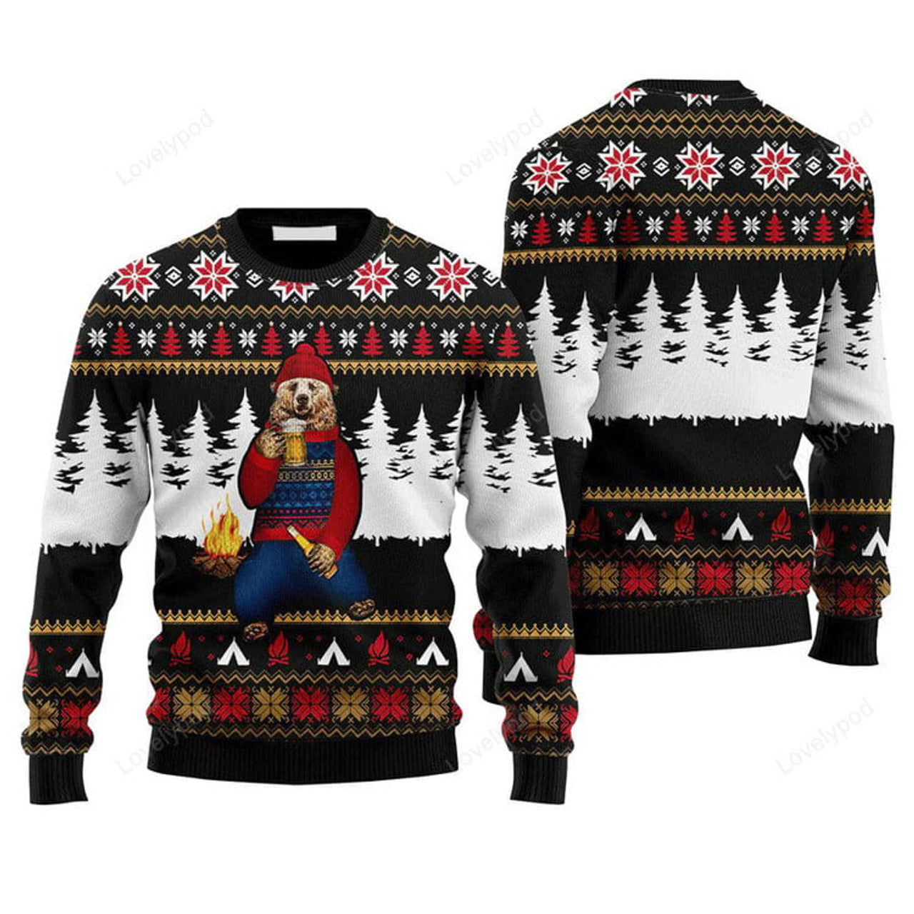 FUNSTUFFPRINT Bear Campfire Sweater, Ugly Christmas Sweater For Men & Women, Perfect Outfit For Christmas New Year Ugly Sweater