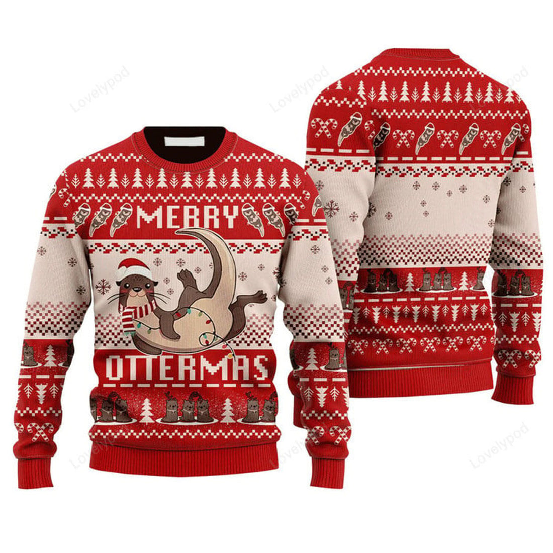 FUNSTUFFPRINT Merry Ottermas Sweater Christmas, Ugly Sweater For Men & Women, Perfect Outfit For Christmas Ugly Sweater