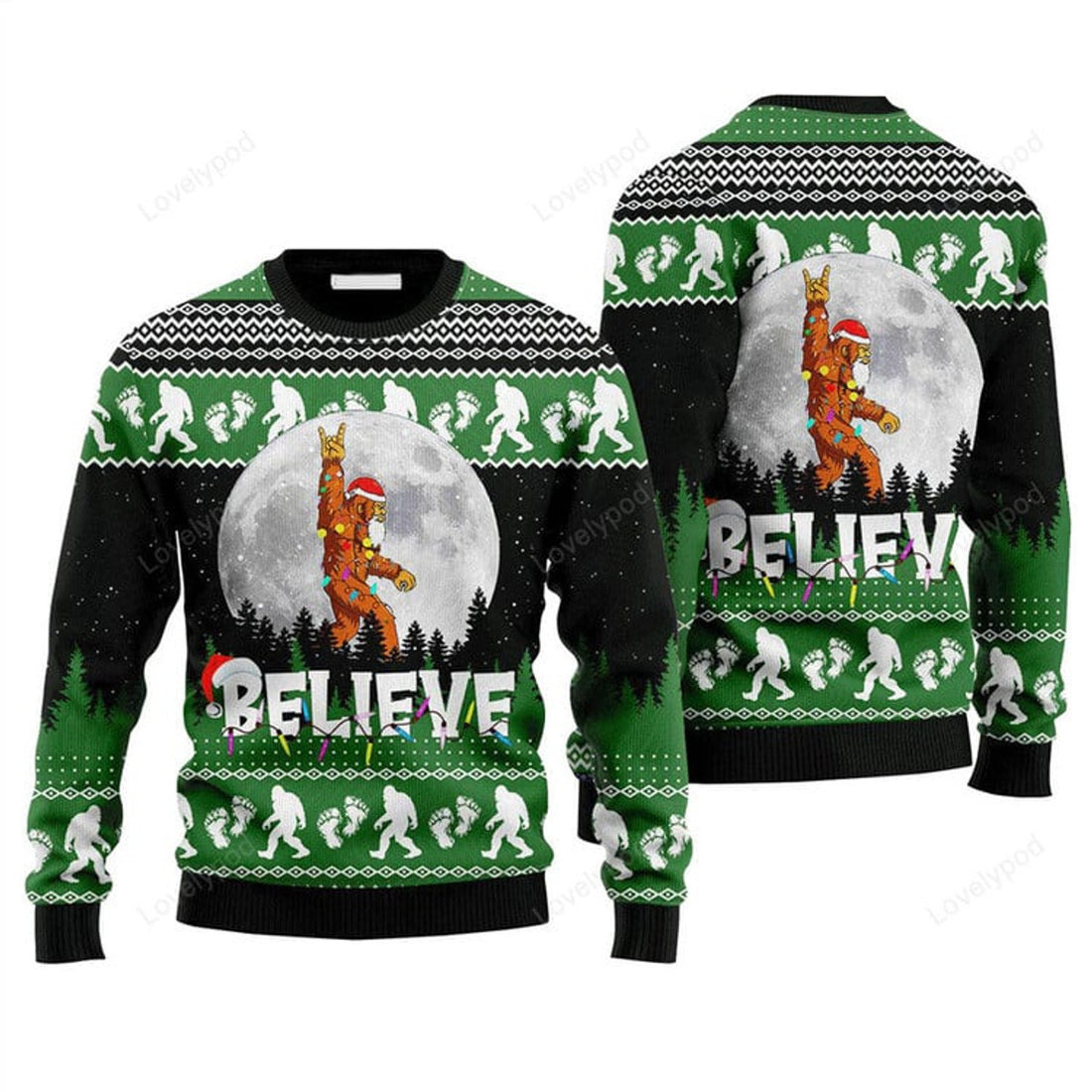 FUNSTUFFPRINT Bigfoot Believe Christmas Sweater, Ugly Christmas Sweater For Men & Women Ugly Sweater