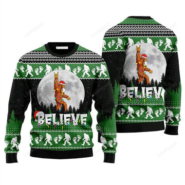 FUNSTUFFPRINT Bigfoot Believe Christmas Sweater, Ugly Christmas Sweater For Men & Women Ugly Sweater