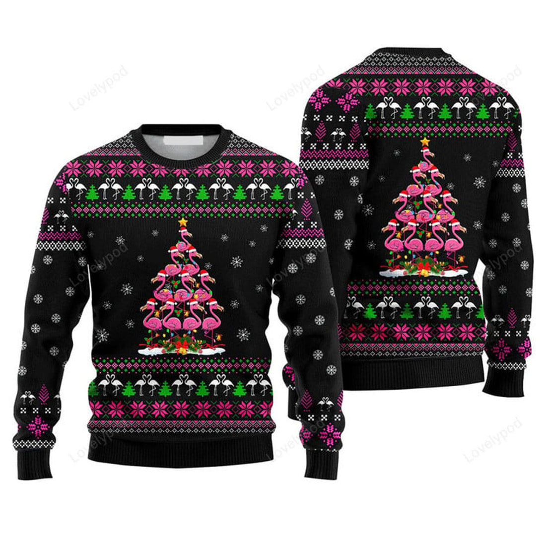 FUNSTUFFPRINT Funny Flamingo Pine Tree Sweater, Flamingo Ugly Christmas Sweater For Men & Women Ugly Sweater