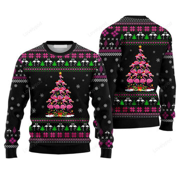 FUNSTUFFPRINT Funny Flamingo Pine Tree Sweater, Flamingo Ugly Christmas Sweater For Men & Women Ugly Sweater