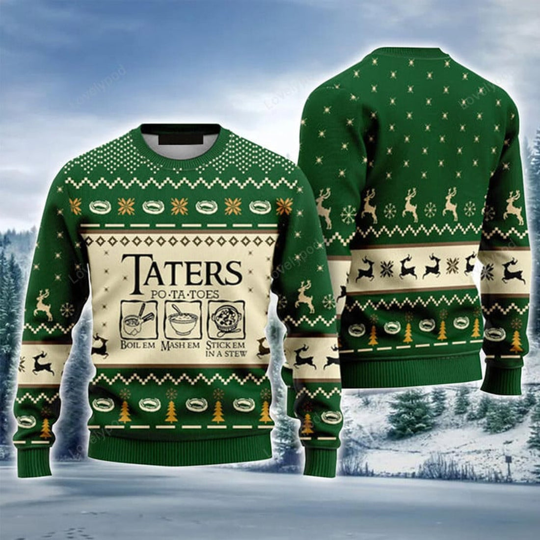 FUNSTUFFPRINT LOTR Potatoes Taters Green Urly Christmas Sweater, Christmas Sweater For Men & Women Ugly Sweater