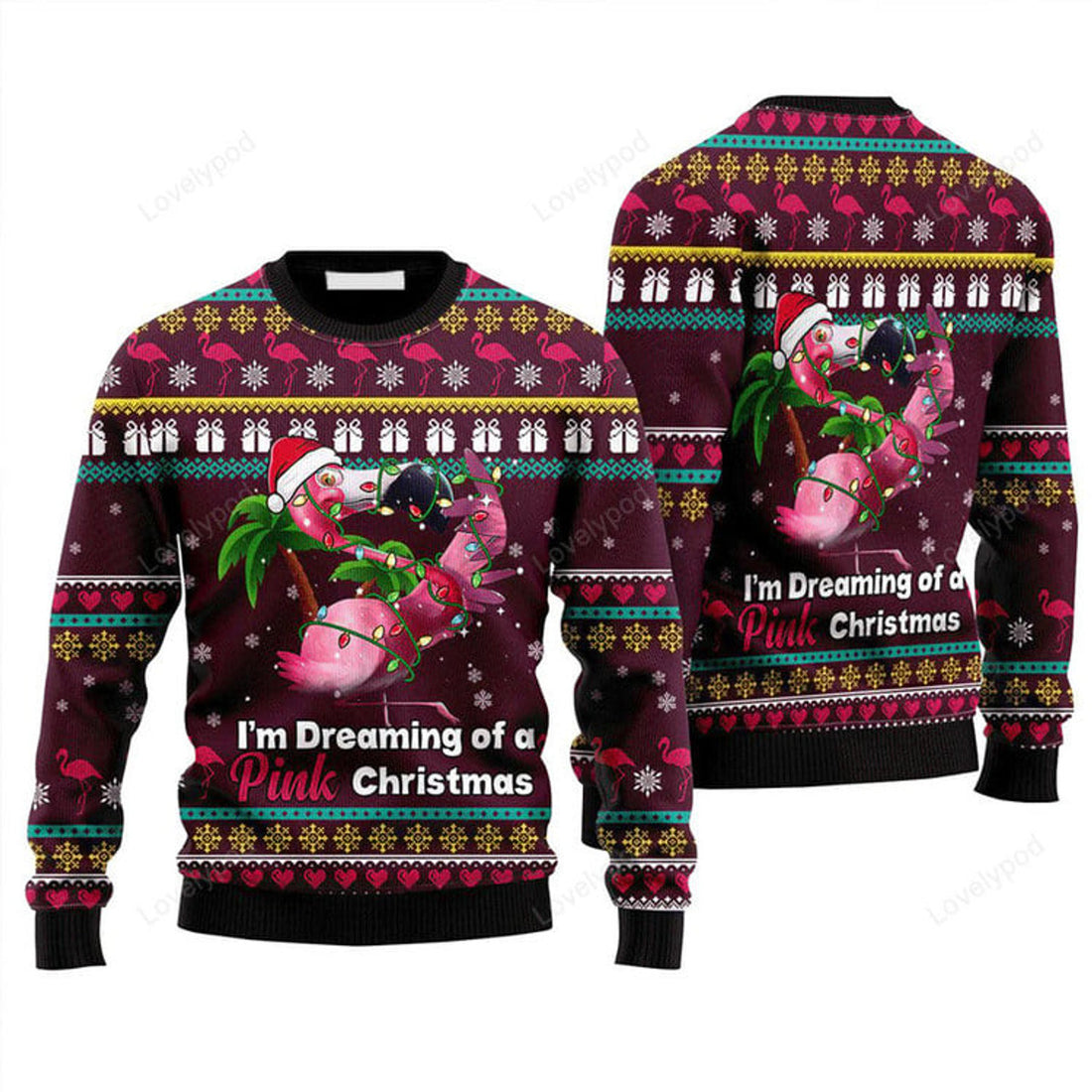 FUNSTUFFPRINT Flamingo Dream Of Pink Christmas Sweater, Ugly Sweater For Men & Women Ugly Sweater