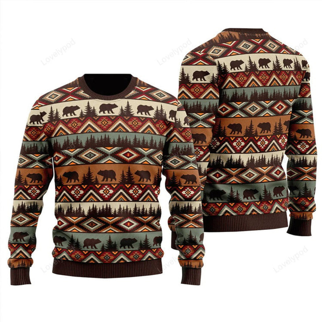 FUNSTUFFPRINT Brown Tribal Bear And Fir Tree Sweater, Ugly Christmas Sweater For Men & Women Ugly Sweater