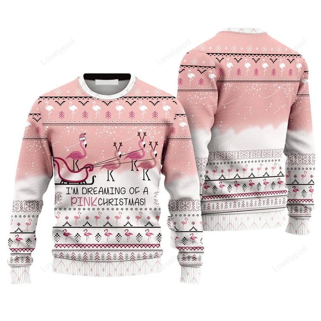 FUNSTUFFPRINT Flamingo Dream Sweater I'm Deraming Of A Pink Christmas, Ugly Sweater For Men & Women Ugly Sweater