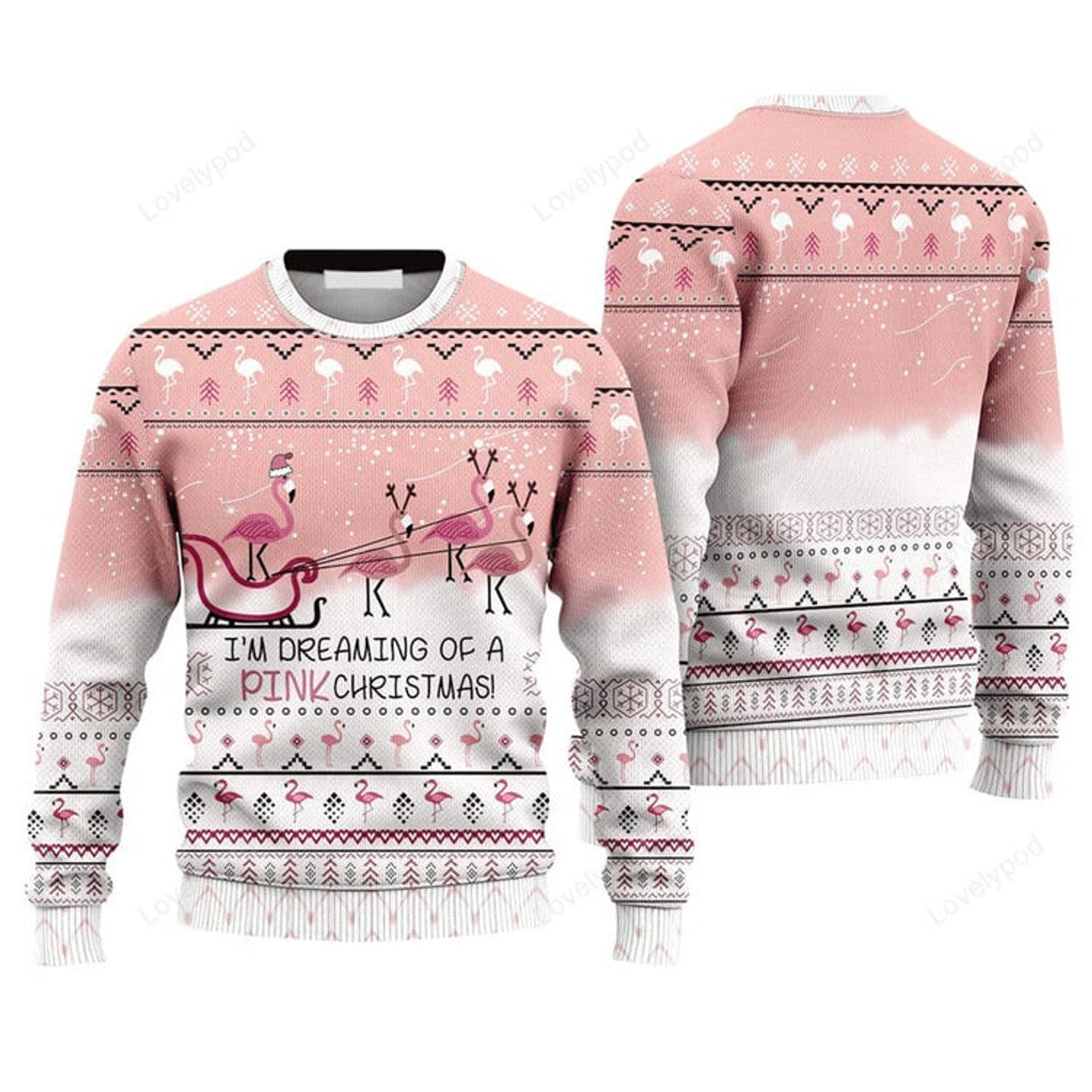 FUNSTUFFPRINT Flamingo Dream Sweater I'm Deraming Of A Pink Christmas, Ugly Sweater For Men & Women Ugly Sweater