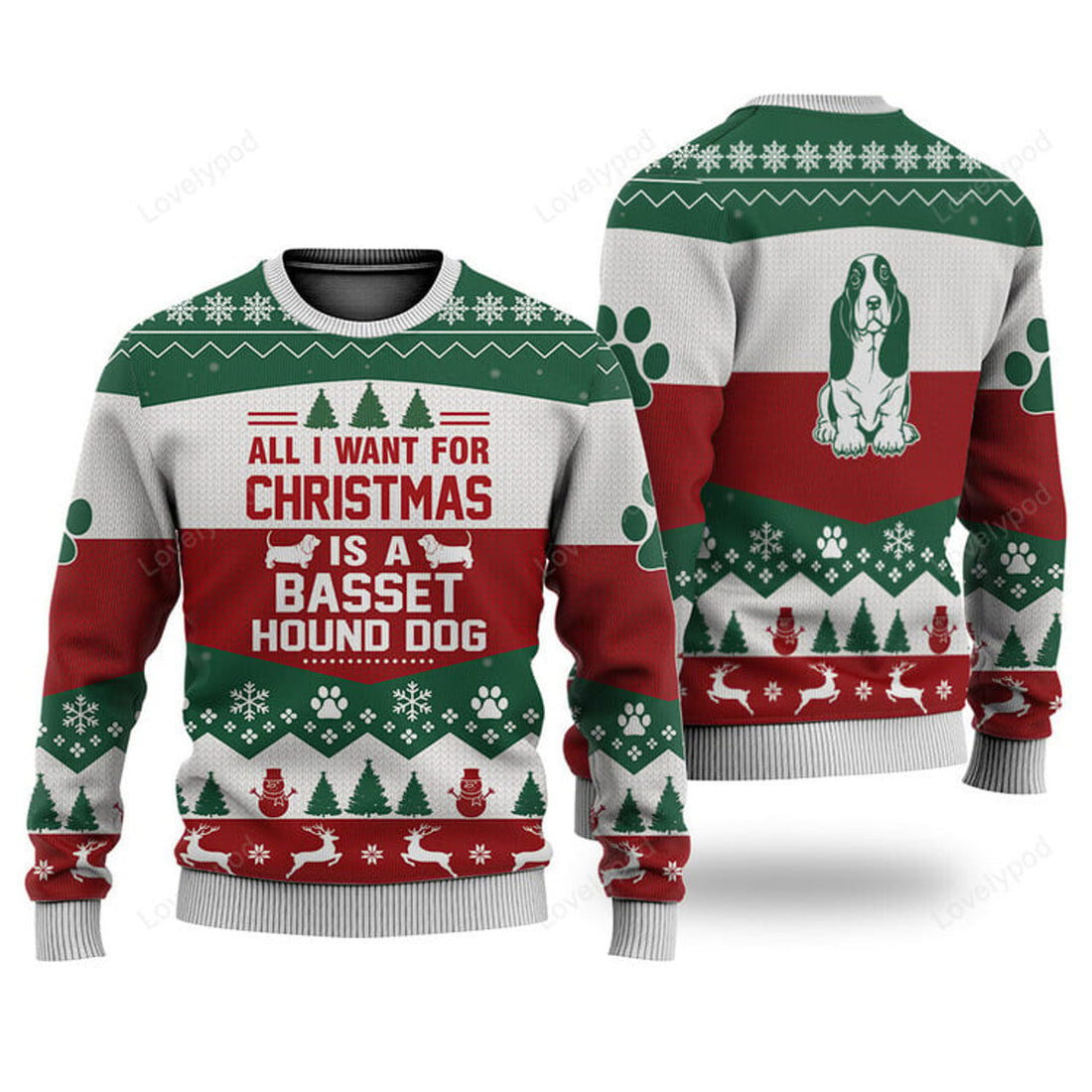 FUNSTUFFPRINT Basset Hound Dog All I Want For Christmas Ugly Christmas Sweater, Custom Dog Christmas sweatshirt, Xmas gifts Ugly Sweater