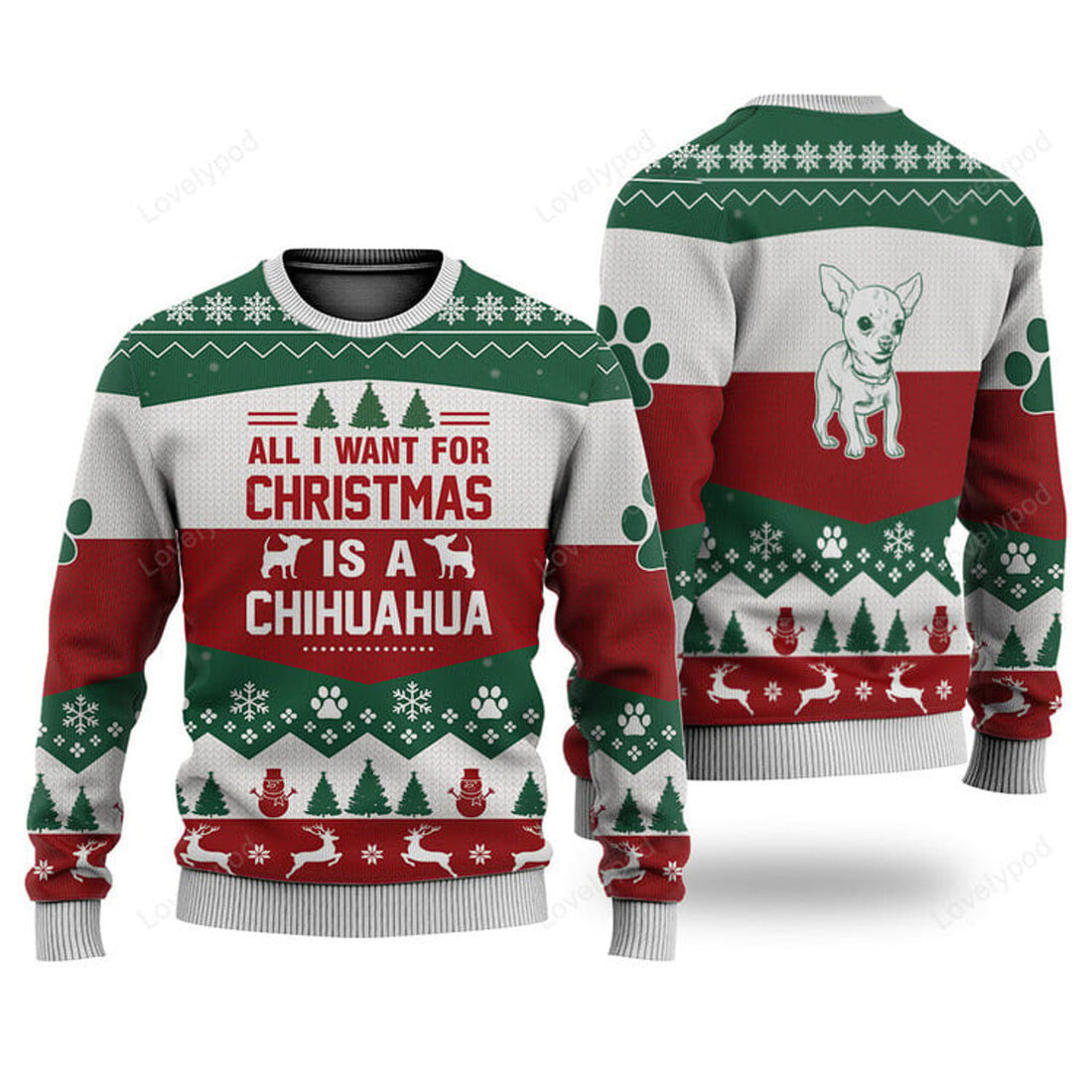 FUNSTUFFPRINT Chihuahua Dog All I Want For Christmas Ugly Christmas Sweater, Custom Dog Christmas sweatshirt, Christmas gifts Ugly Sweater