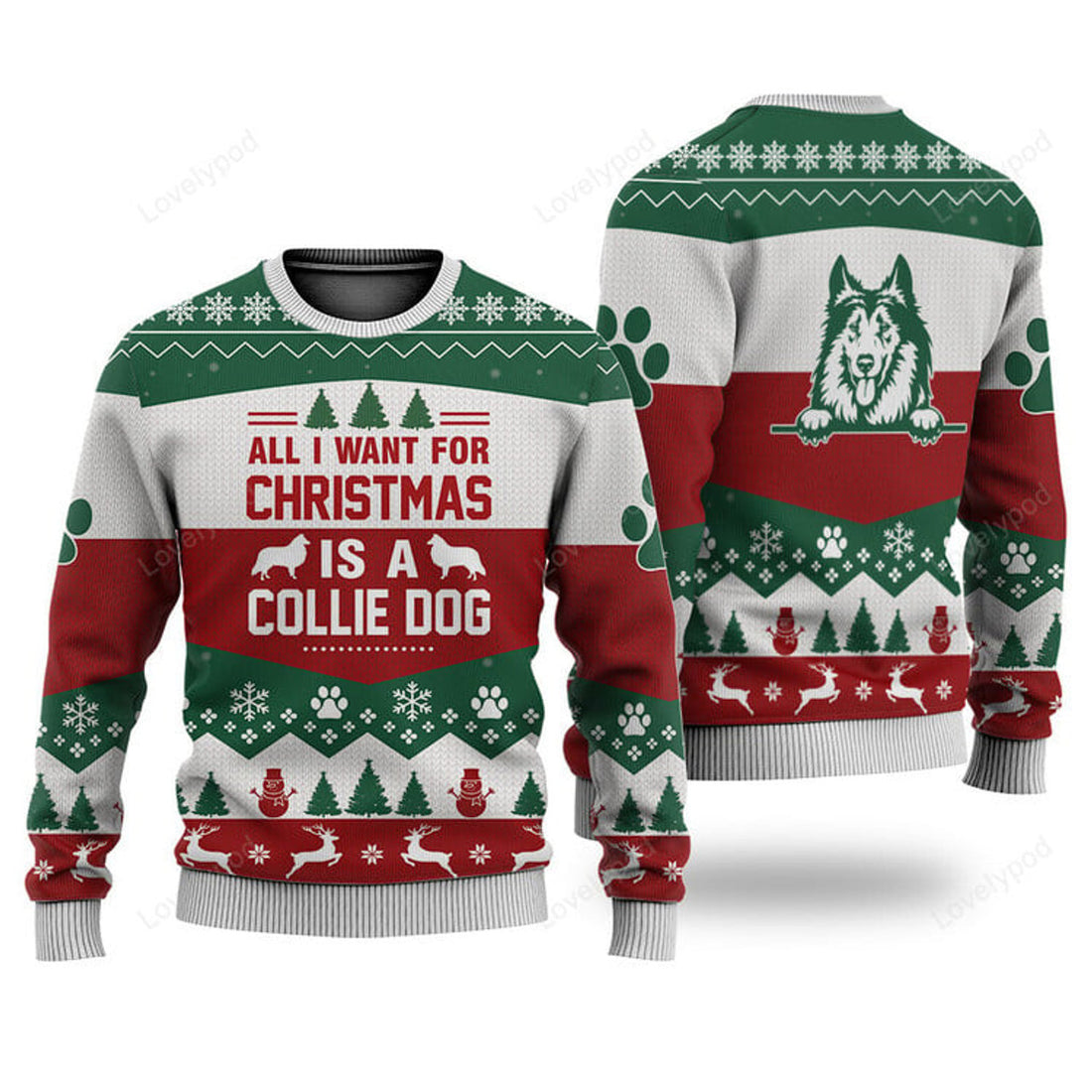 FUNSTUFFPRINT Collie Dog All I Want For Christmas Ugly Christmas Sweater, Custom Dog Christmas sweatshirt, Christmas gifts Ugly Sweater