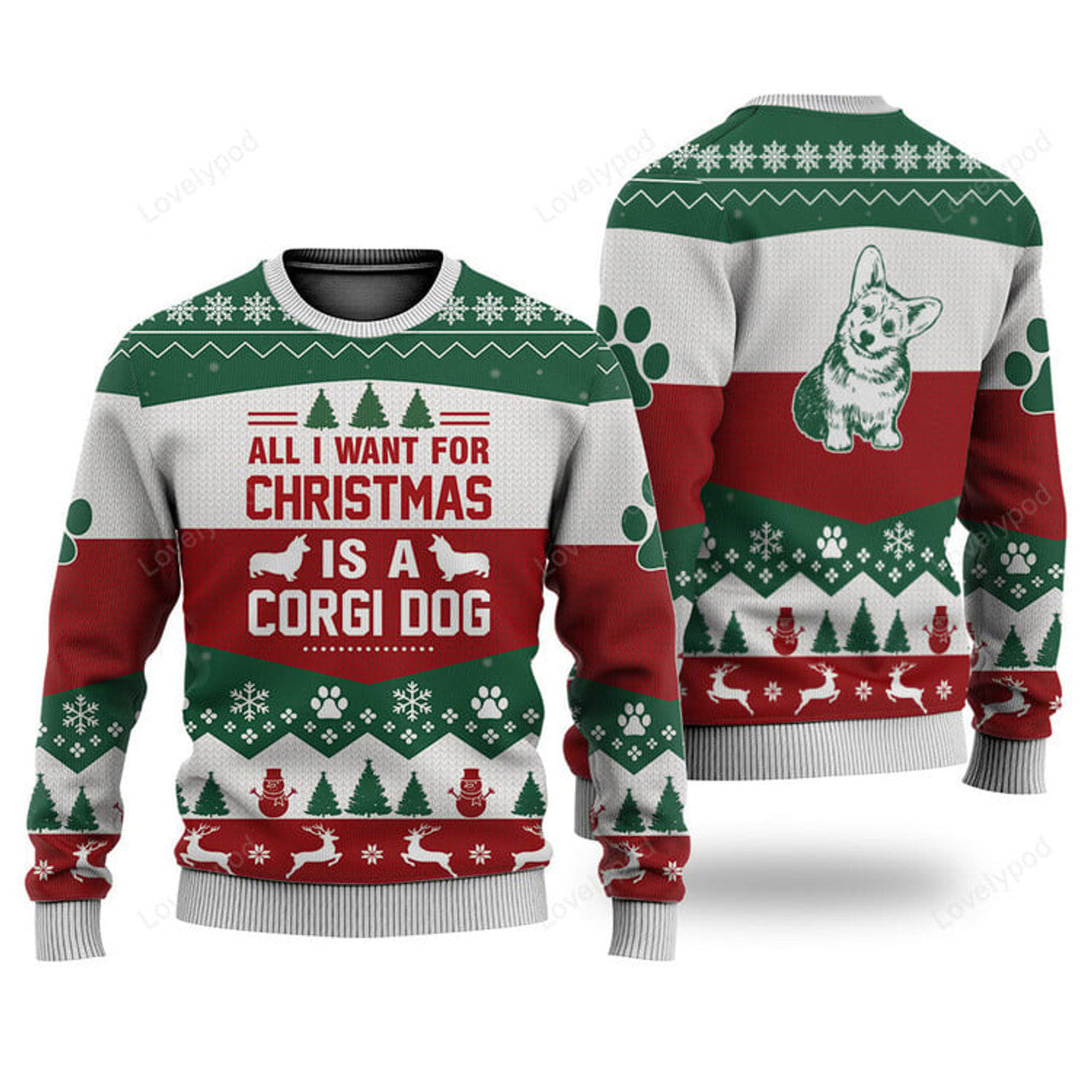 FUNSTUFFPRINT Corgi Dog All I Want For Christmas Ugly Christmas Sweater, Custom Corgi Christmas sweatshirt, Christmas gifts Ugly Sweater