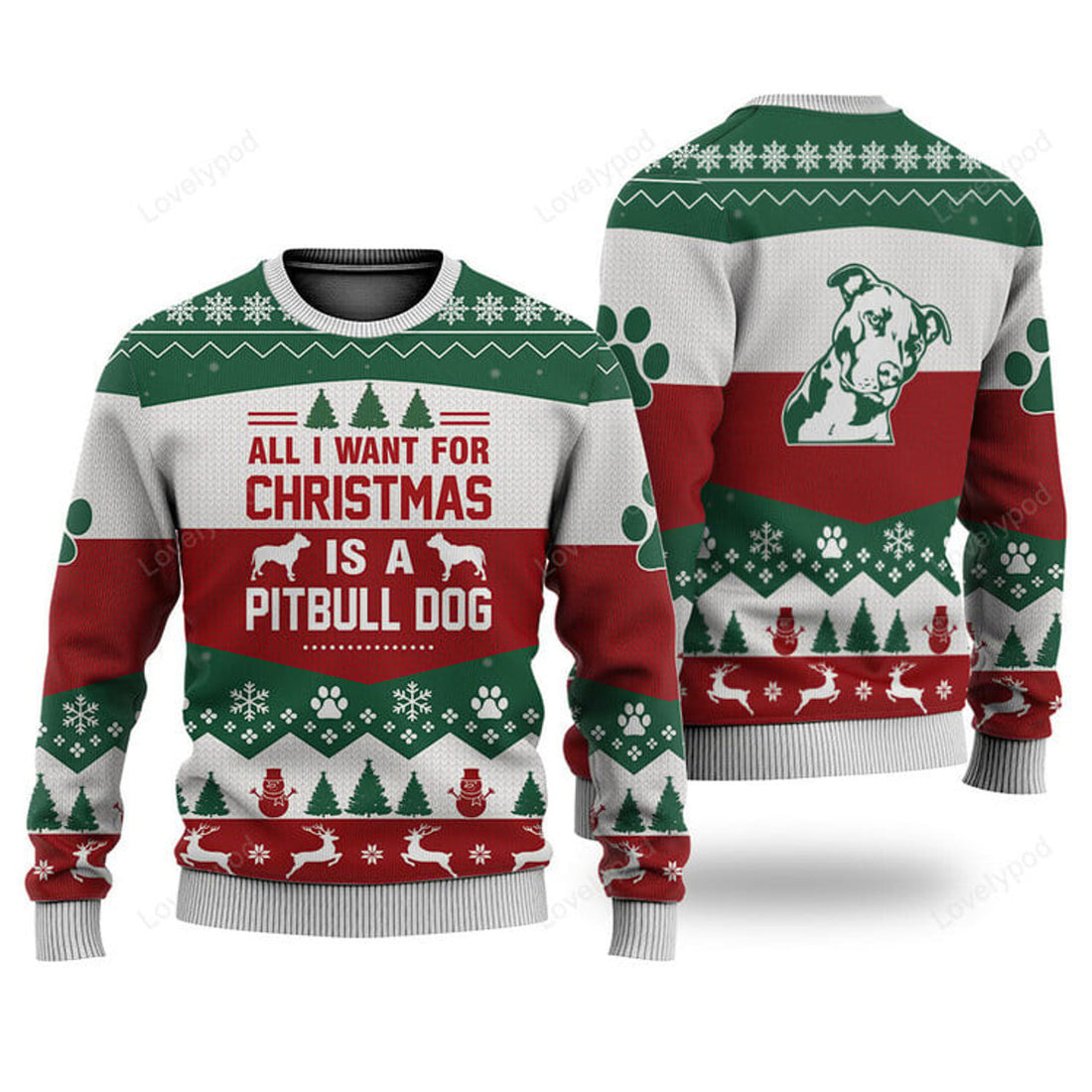 FUNSTUFFPRINT Pitbull Dog All I Want For Christmas Ugly Christmas Sweater, Custom Dog Christmas sweatshirt, Christmas gifts Ugly Sweater