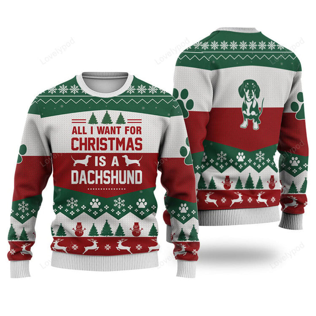 FUNSTUFFPRINT Dachshund Dog All I Want For Christmas Ugly Christmas Sweater, Custom Dog Christmas sweatshirt, Christmas gifts Ugly Sweater