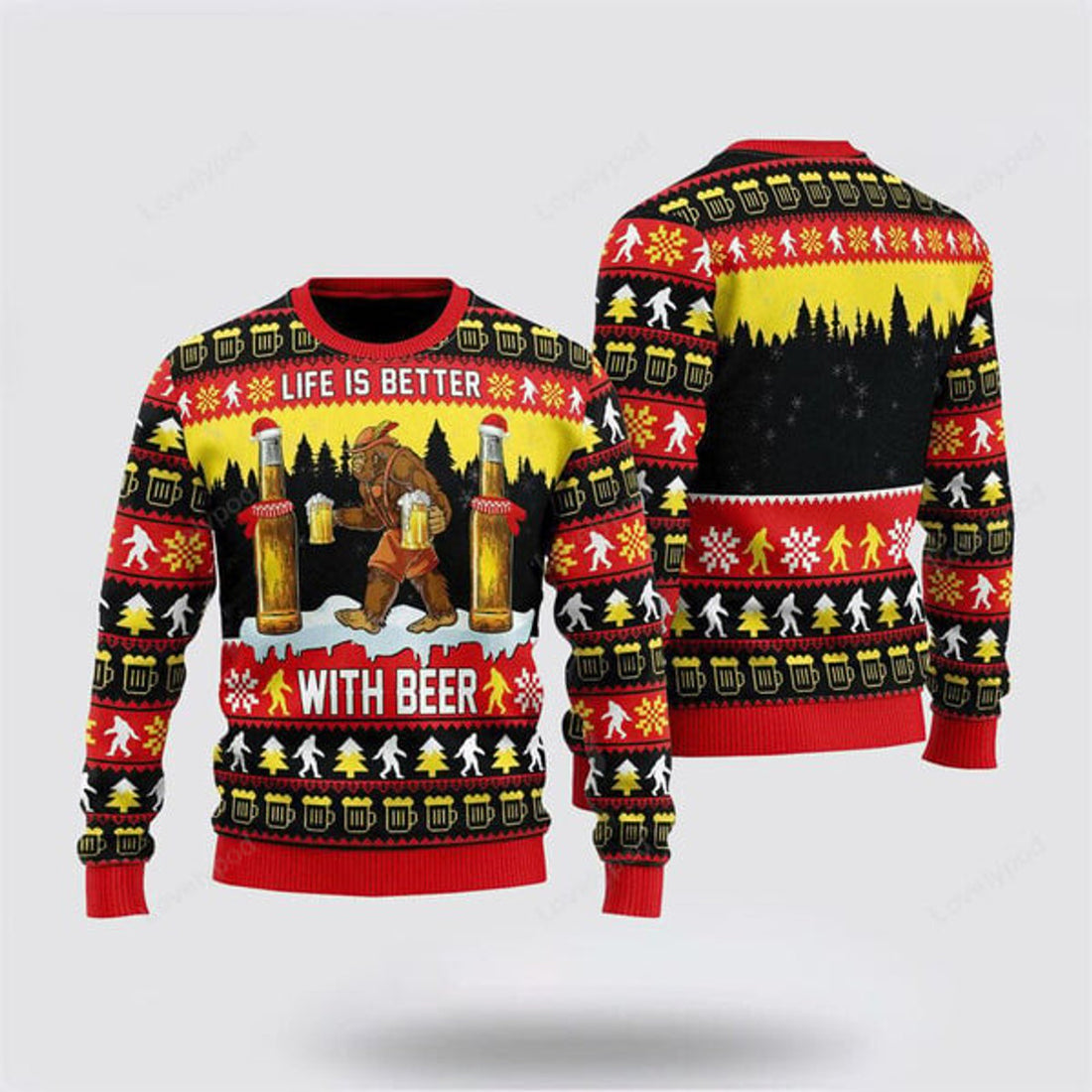 FUNSTUFFPRINT Bigfoot Sweater, Christmas Is Better With Beer Ugly Christmas Sweater, Ugly Sweater For Men And Women Ugly Sweater